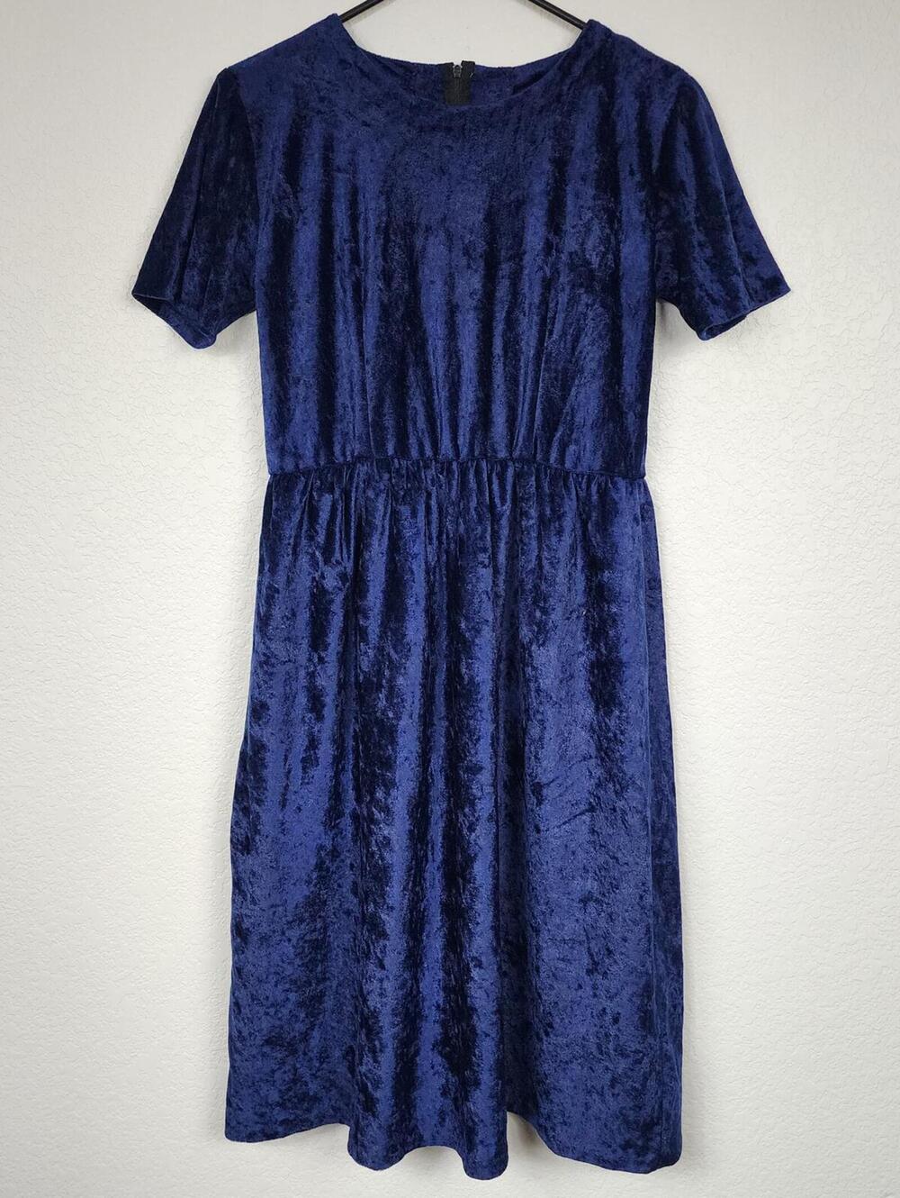 Vintage Y2K 90s Sapphire Blue Velvet Velour Midi Dress